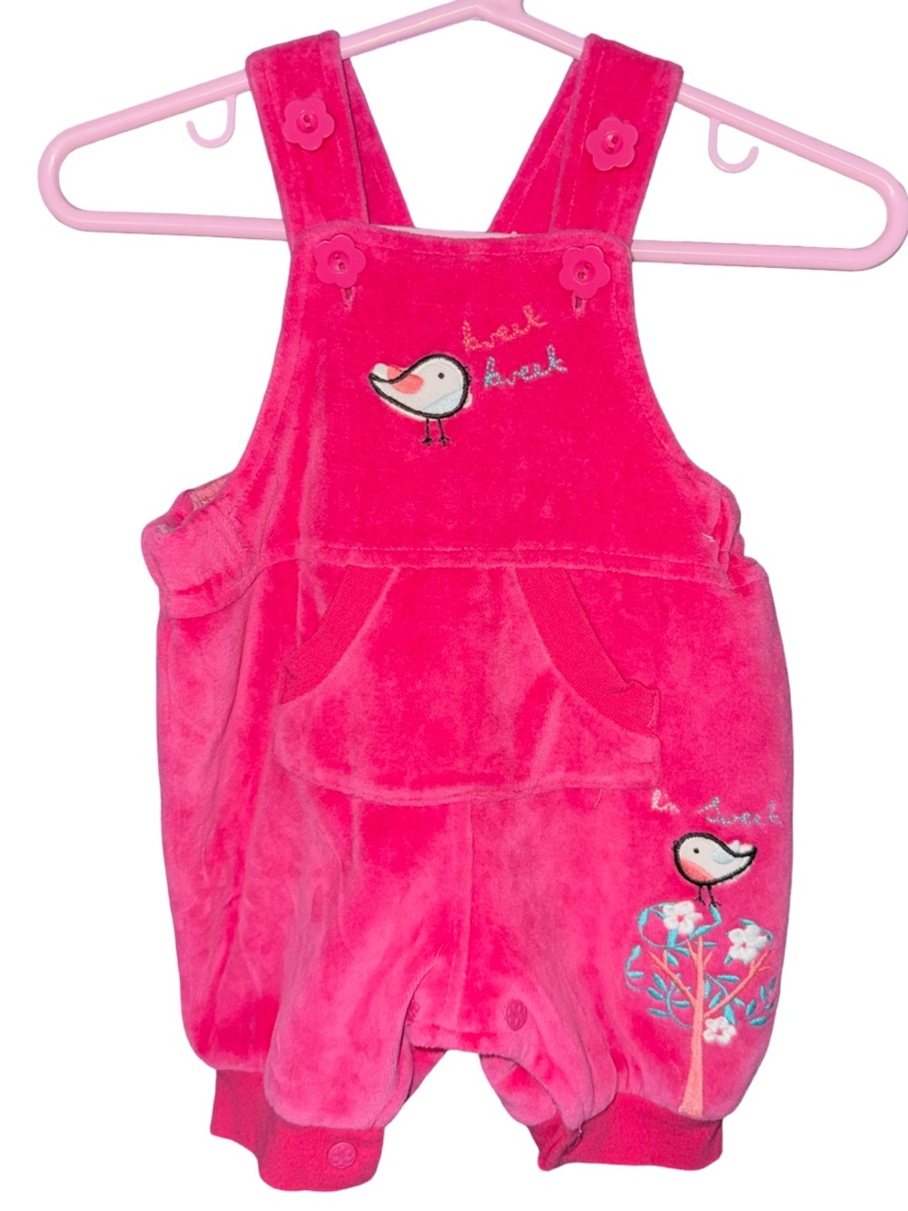 Pink Velvet Baby Overalls with Bird Embroidery - Newborn